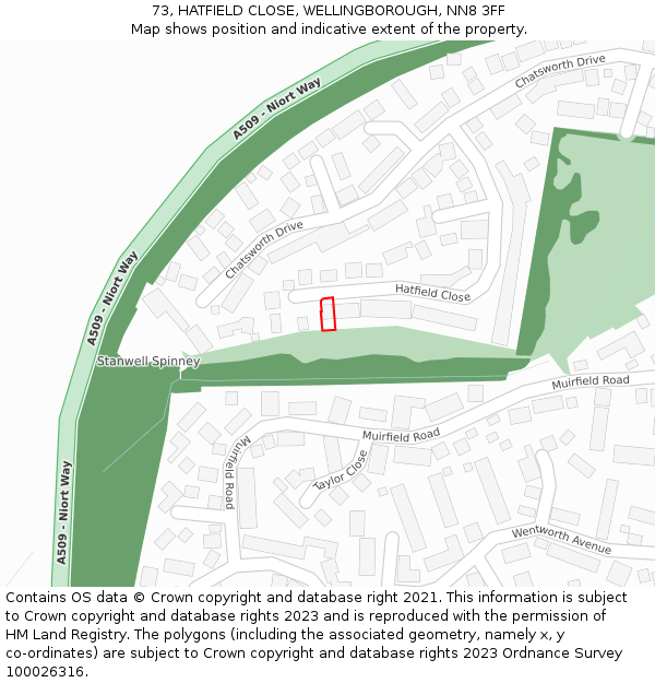 73, HATFIELD CLOSE, WELLINGBOROUGH, NN8 3FF: Location map and indicative extent of plot