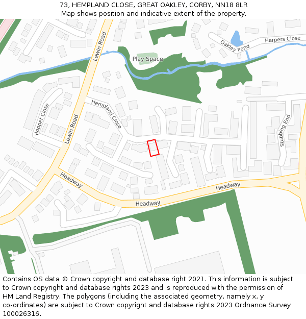 73, HEMPLAND CLOSE, GREAT OAKLEY, CORBY, NN18 8LR: Location map and indicative extent of plot