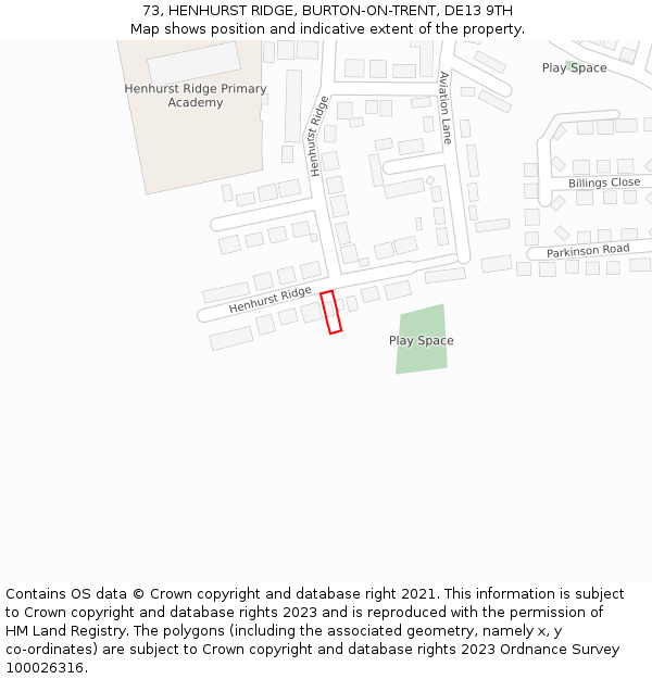 73, HENHURST RIDGE, BURTON-ON-TRENT, DE13 9TH: Location map and indicative extent of plot