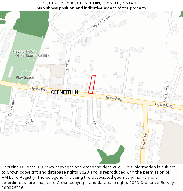 73, HEOL Y PARC, CEFNEITHIN, LLANELLI, SA14 7DL: Location map and indicative extent of plot