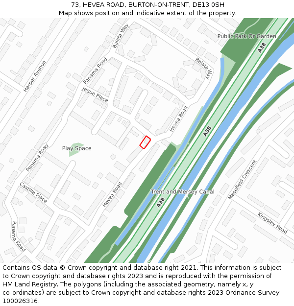 73, HEVEA ROAD, BURTON-ON-TRENT, DE13 0SH: Location map and indicative extent of plot
