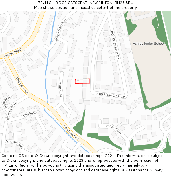 73, HIGH RIDGE CRESCENT, NEW MILTON, BH25 5BU: Location map and indicative extent of plot