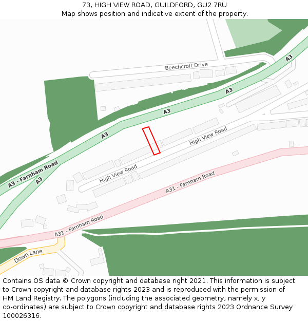 73, HIGH VIEW ROAD, GUILDFORD, GU2 7RU: Location map and indicative extent of plot