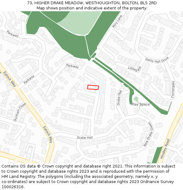 73, HIGHER DRAKE MEADOW, WESTHOUGHTON, BOLTON, BL5 2RD: Location map and indicative extent of plot