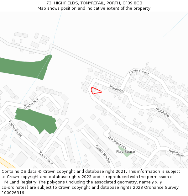 73, HIGHFIELDS, TONYREFAIL, PORTH, CF39 8GB: Location map and indicative extent of plot