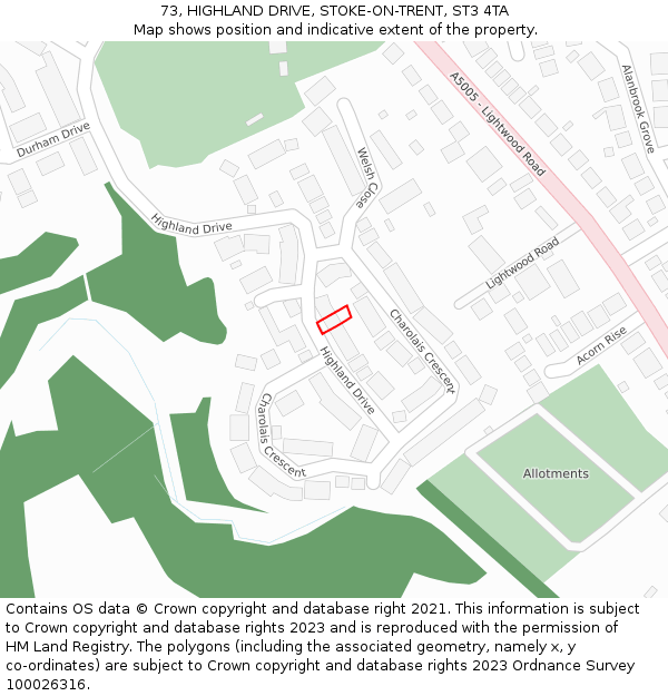 73, HIGHLAND DRIVE, STOKE-ON-TRENT, ST3 4TA: Location map and indicative extent of plot