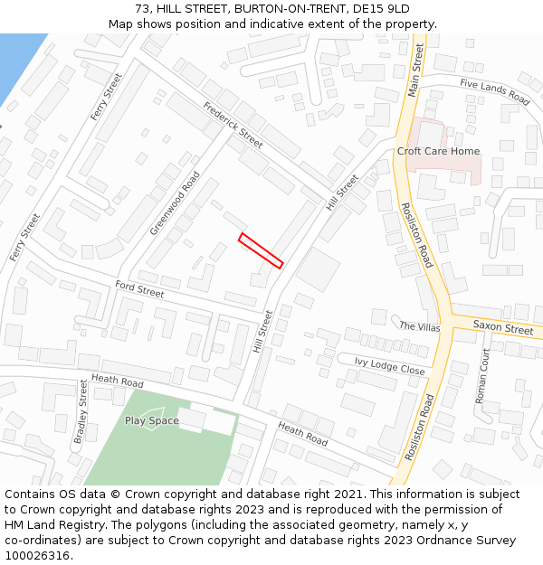 73, HILL STREET, BURTON-ON-TRENT, DE15 9LD: Location map and indicative extent of plot