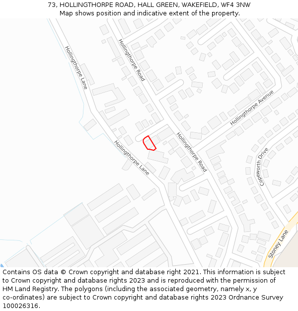 73, HOLLINGTHORPE ROAD, HALL GREEN, WAKEFIELD, WF4 3NW: Location map and indicative extent of plot