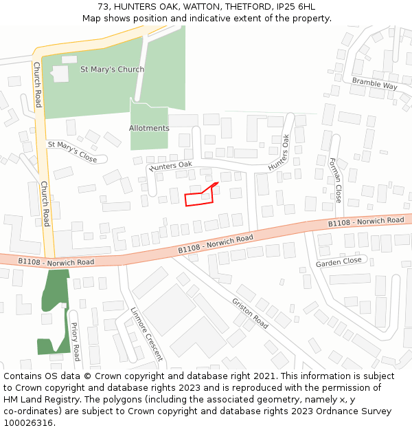 73, HUNTERS OAK, WATTON, THETFORD, IP25 6HL: Location map and indicative extent of plot