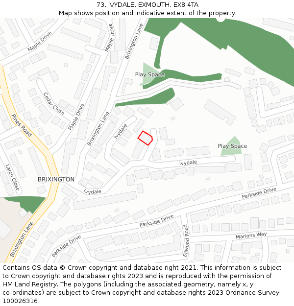 73, IVYDALE, EXMOUTH, EX8 4TA: Location map and indicative extent of plot