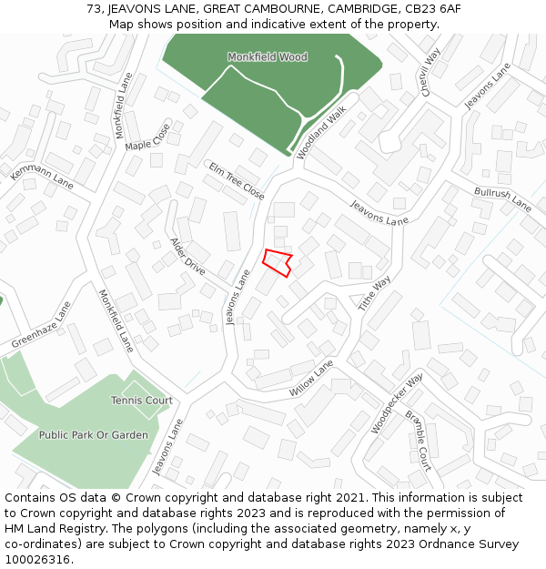 73, JEAVONS LANE, GREAT CAMBOURNE, CAMBRIDGE, CB23 6AF: Location map and indicative extent of plot