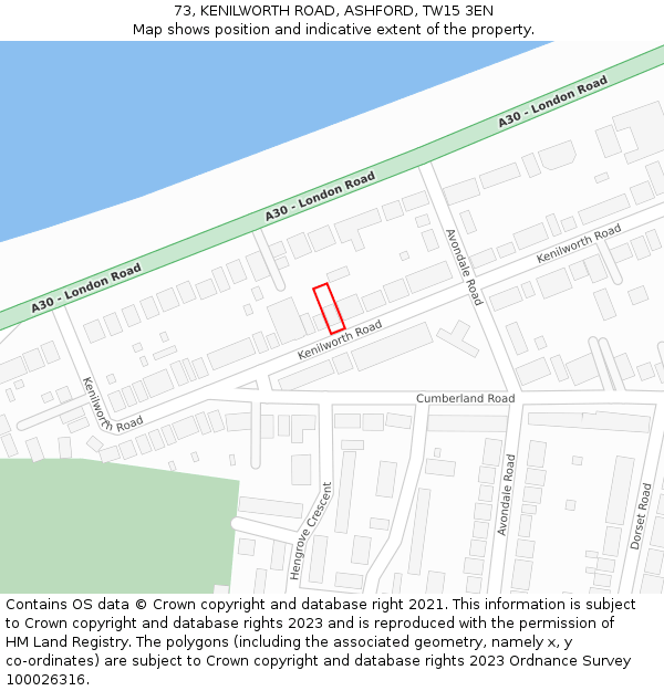 73, KENILWORTH ROAD, ASHFORD, TW15 3EN: Location map and indicative extent of plot