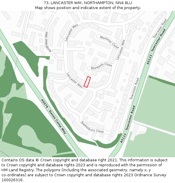 73, LANCASTER WAY, NORTHAMPTON, NN4 8LU: Location map and indicative extent of plot