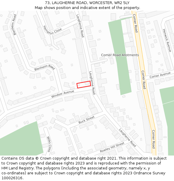 73, LAUGHERNE ROAD, WORCESTER, WR2 5LY: Location map and indicative extent of plot