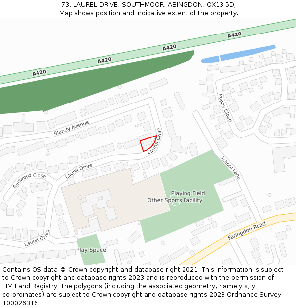 73, LAUREL DRIVE, SOUTHMOOR, ABINGDON, OX13 5DJ: Location map and indicative extent of plot