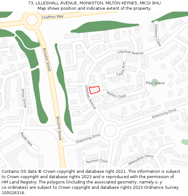 73, LILLESHALL AVENUE, MONKSTON, MILTON KEYNES, MK10 9HU: Location map and indicative extent of plot