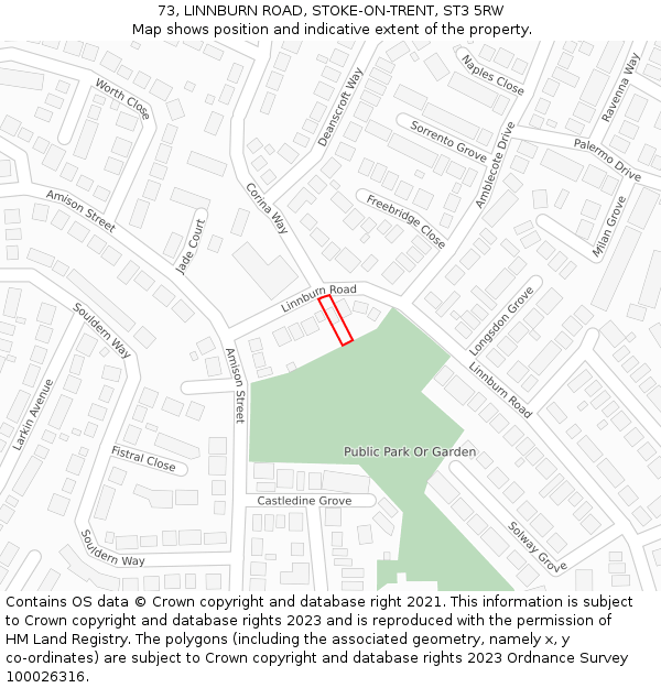 73, LINNBURN ROAD, STOKE-ON-TRENT, ST3 5RW: Location map and indicative extent of plot