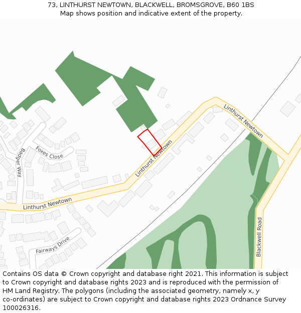 73, LINTHURST NEWTOWN, BLACKWELL, BROMSGROVE, B60 1BS: Location map and indicative extent of plot