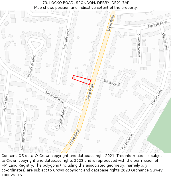 73, LOCKO ROAD, SPONDON, DERBY, DE21 7AP: Location map and indicative extent of plot