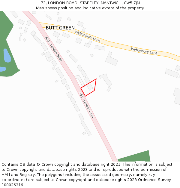 73, LONDON ROAD, STAPELEY, NANTWICH, CW5 7JN: Location map and indicative extent of plot