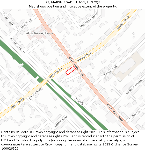 73, MARSH ROAD, LUTON, LU3 2QF: Location map and indicative extent of plot