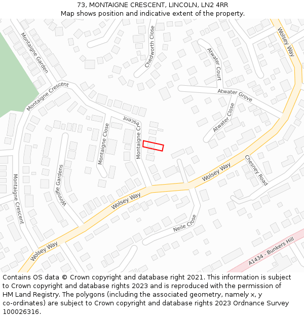 73, MONTAIGNE CRESCENT, LINCOLN, LN2 4RR: Location map and indicative extent of plot
