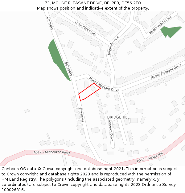 73, MOUNT PLEASANT DRIVE, BELPER, DE56 2TQ: Location map and indicative extent of plot