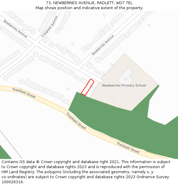 73, NEWBERRIES AVENUE, RADLETT, WD7 7EL: Location map and indicative extent of plot