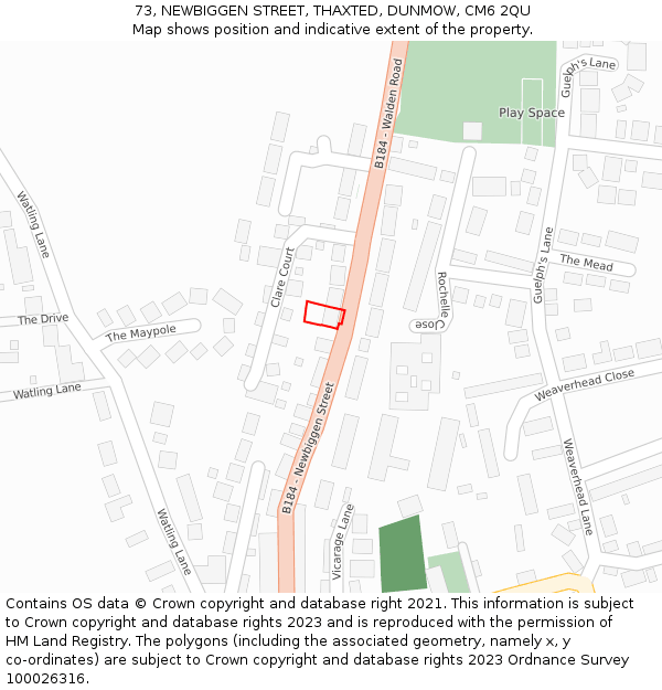 73, NEWBIGGEN STREET, THAXTED, DUNMOW, CM6 2QU: Location map and indicative extent of plot