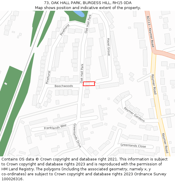 73, OAK HALL PARK, BURGESS HILL, RH15 0DA: Location map and indicative extent of plot