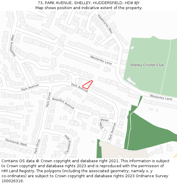 73, PARK AVENUE, SHELLEY, HUDDERSFIELD, HD8 8JY: Location map and indicative extent of plot