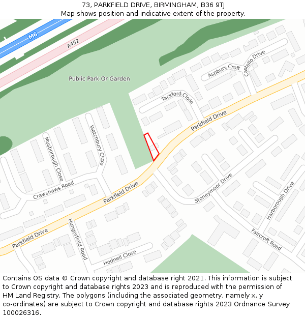 73, PARKFIELD DRIVE, BIRMINGHAM, B36 9TJ: Location map and indicative extent of plot