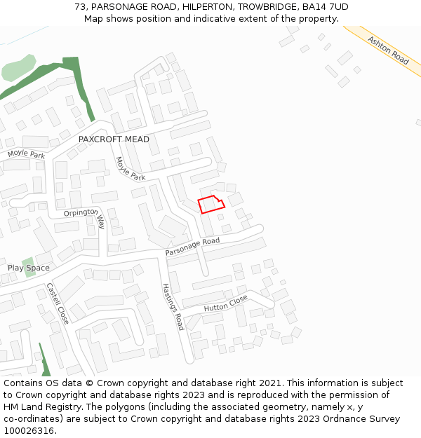 73, PARSONAGE ROAD, HILPERTON, TROWBRIDGE, BA14 7UD: Location map and indicative extent of plot