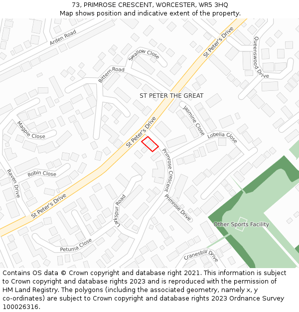73, PRIMROSE CRESCENT, WORCESTER, WR5 3HQ: Location map and indicative extent of plot