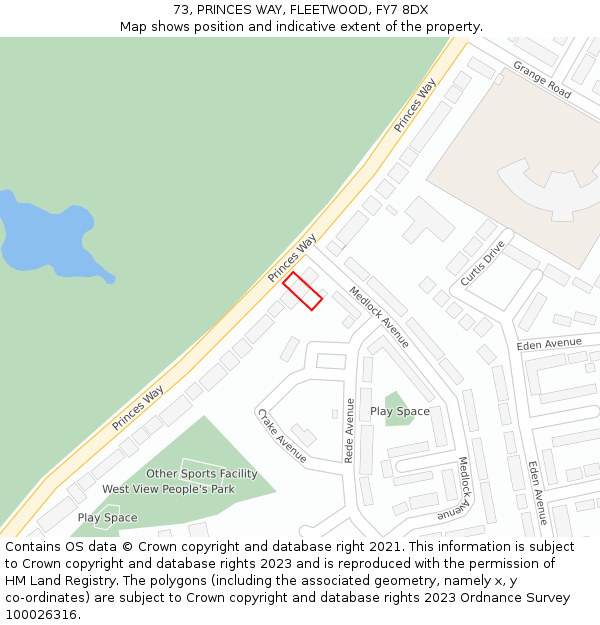 73, PRINCES WAY, FLEETWOOD, FY7 8DX: Location map and indicative extent of plot