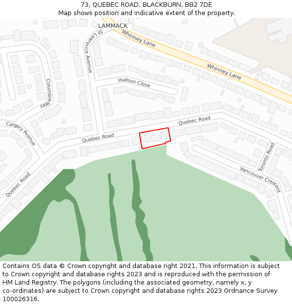 73, QUEBEC ROAD, BLACKBURN, BB2 7DE: Location map and indicative extent of plot