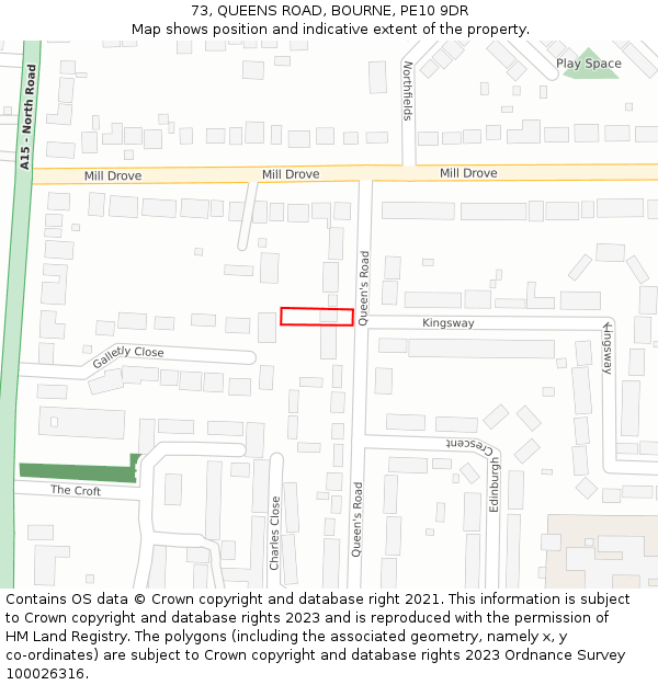 73, QUEENS ROAD, BOURNE, PE10 9DR: Location map and indicative extent of plot