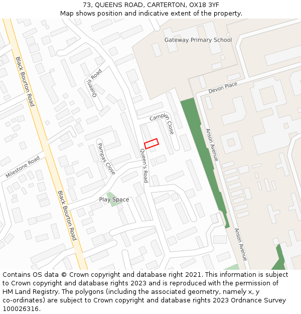 73, QUEENS ROAD, CARTERTON, OX18 3YF: Location map and indicative extent of plot