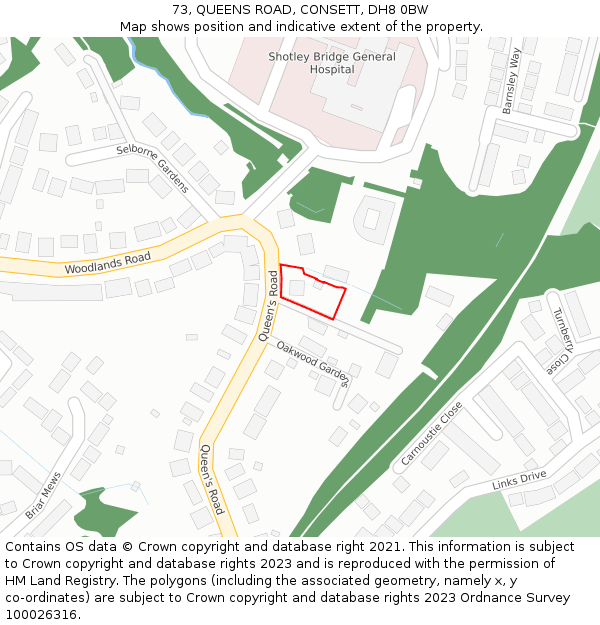 73, QUEENS ROAD, CONSETT, DH8 0BW: Location map and indicative extent of plot