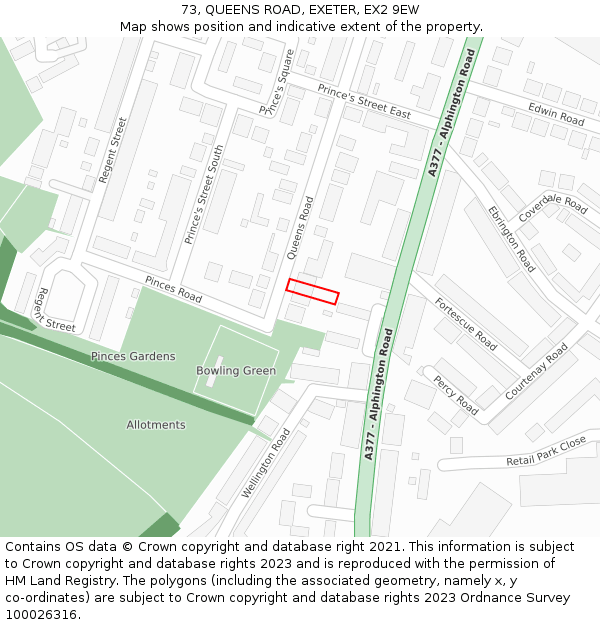 73, QUEENS ROAD, EXETER, EX2 9EW: Location map and indicative extent of plot