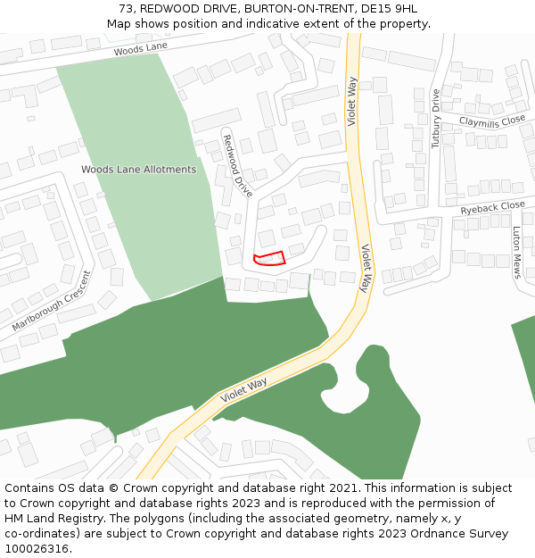 73, REDWOOD DRIVE, BURTON-ON-TRENT, DE15 9HL: Location map and indicative extent of plot