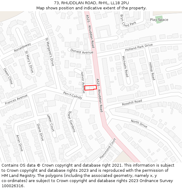 73, RHUDDLAN ROAD, RHYL, LL18 2PU: Location map and indicative extent of plot