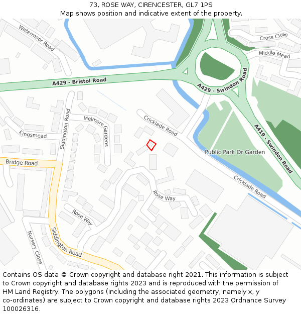 73, ROSE WAY, CIRENCESTER, GL7 1PS: Location map and indicative extent of plot