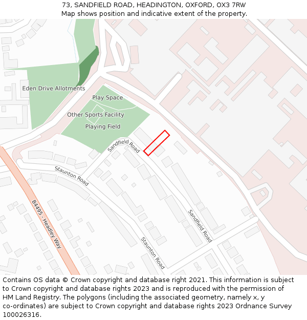 73, SANDFIELD ROAD, HEADINGTON, OXFORD, OX3 7RW: Location map and indicative extent of plot