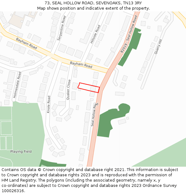 73, SEAL HOLLOW ROAD, SEVENOAKS, TN13 3RY: Location map and indicative extent of plot