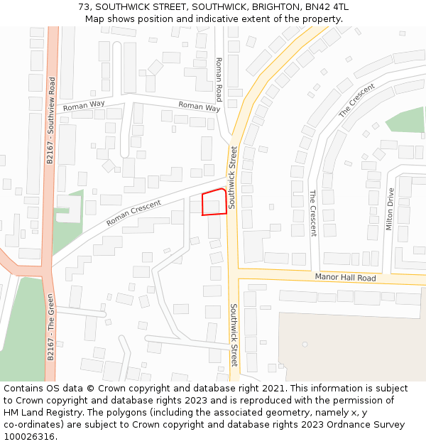 73, SOUTHWICK STREET, SOUTHWICK, BRIGHTON, BN42 4TL: Location map and indicative extent of plot