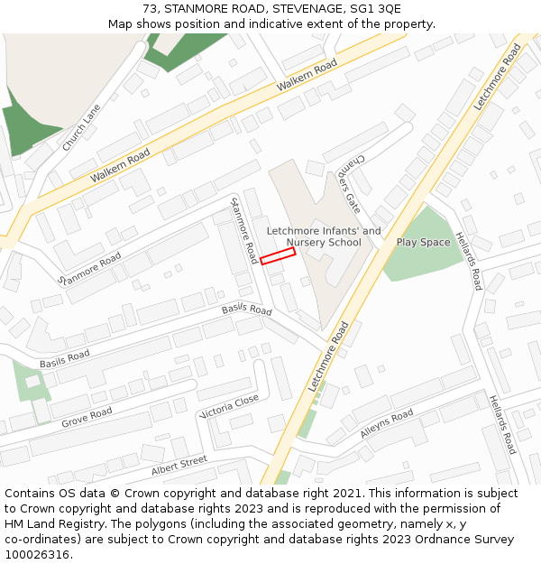 73, STANMORE ROAD, STEVENAGE, SG1 3QE: Location map and indicative extent of plot