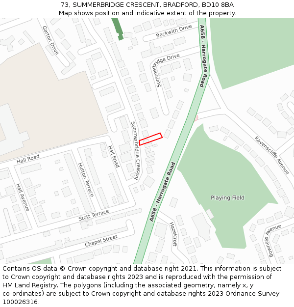 73, SUMMERBRIDGE CRESCENT, BRADFORD, BD10 8BA: Location map and indicative extent of plot