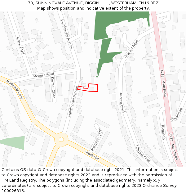 73, SUNNINGVALE AVENUE, BIGGIN HILL, WESTERHAM, TN16 3BZ: Location map and indicative extent of plot