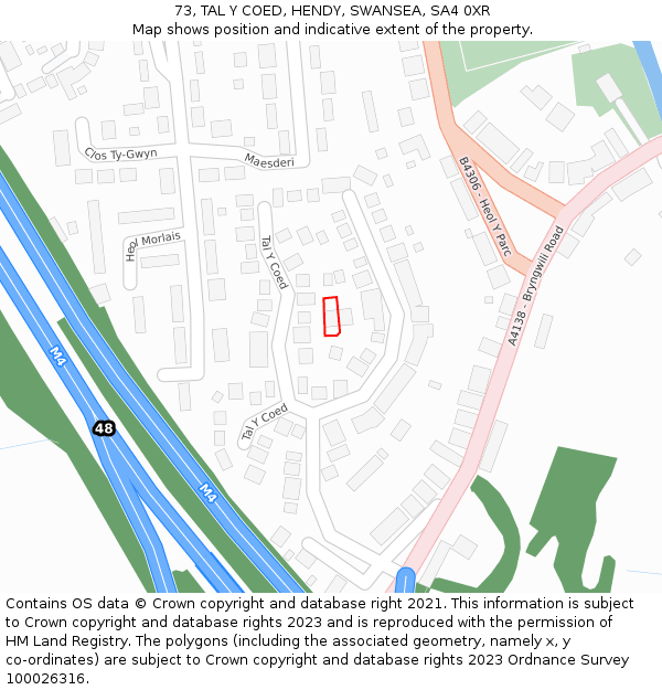 73, TAL Y COED, HENDY, SWANSEA, SA4 0XR: Location map and indicative extent of plot